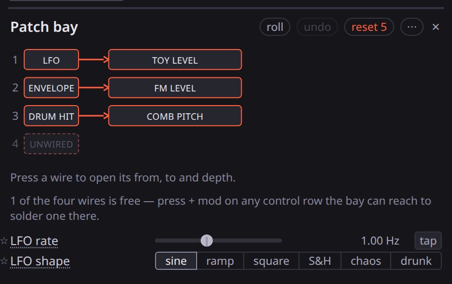 The patch bay: three of four wires patched (LFO to toy level, envelope to FM level, drum hit to comb pitch), each with a depth slider and a + mod button.
