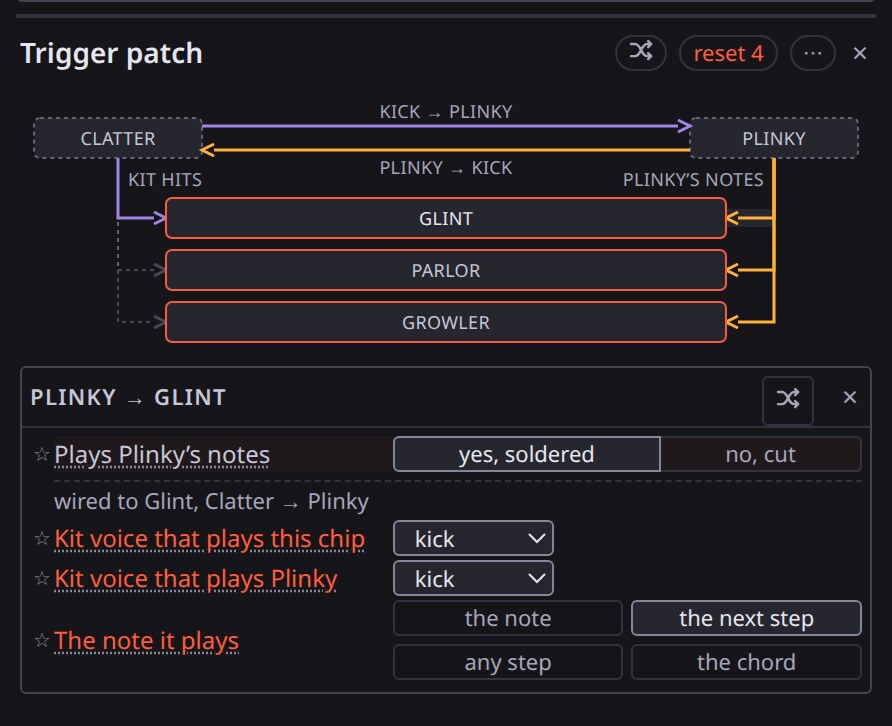 The trigger patch: cables between Clatter, Plinky, Glint, Parlor and Growler.