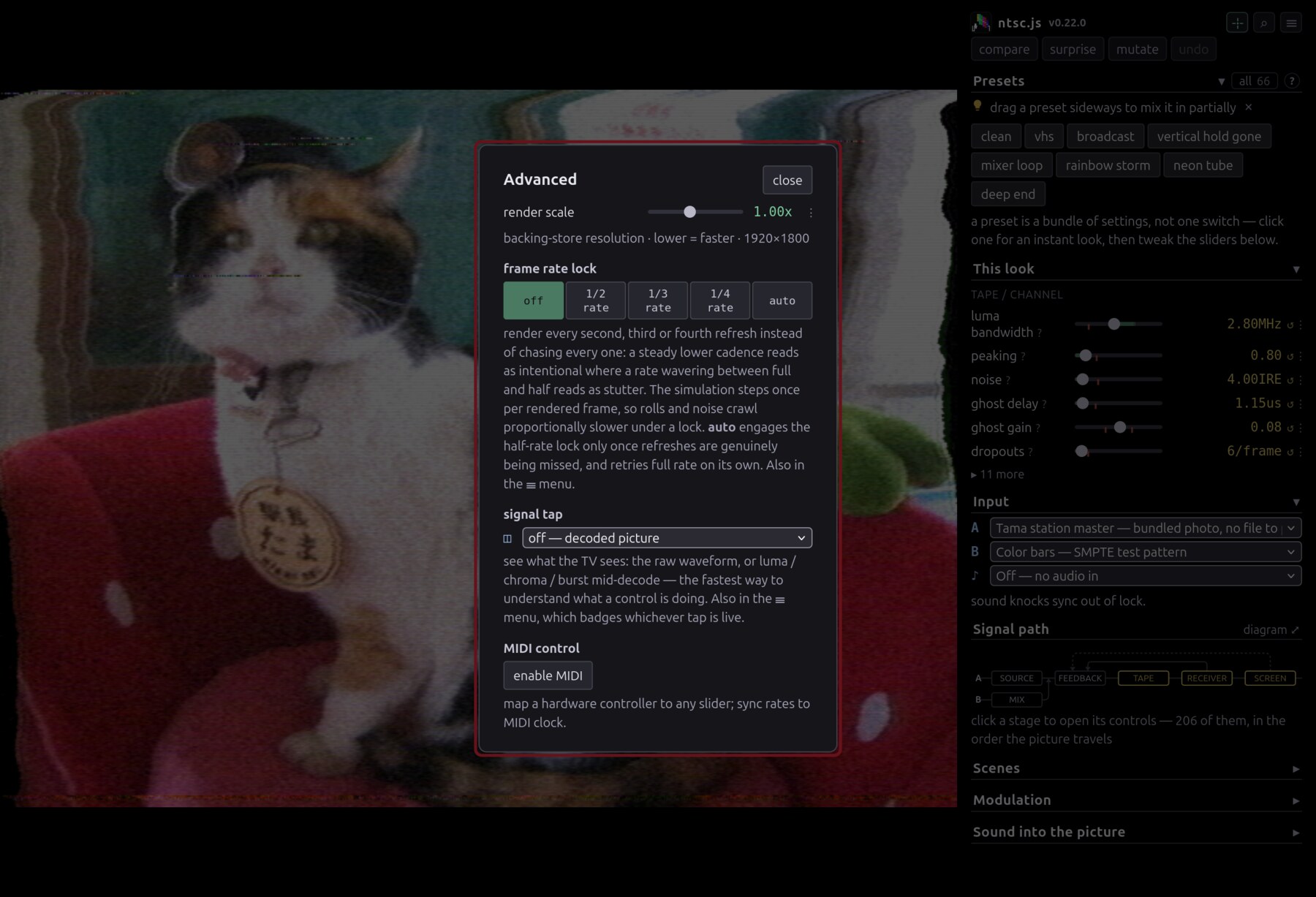 The app window with the advanced settings dialog open, boxed in red