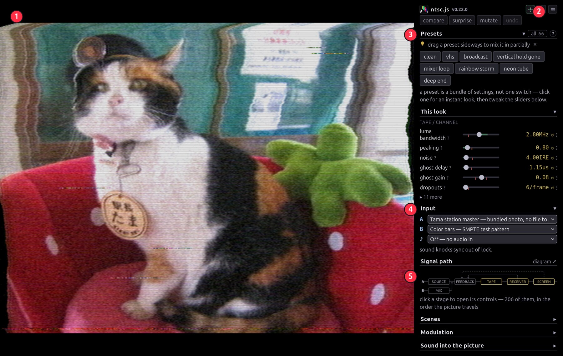 The ntsc.js window: the picture on the left, the control panel on the right
