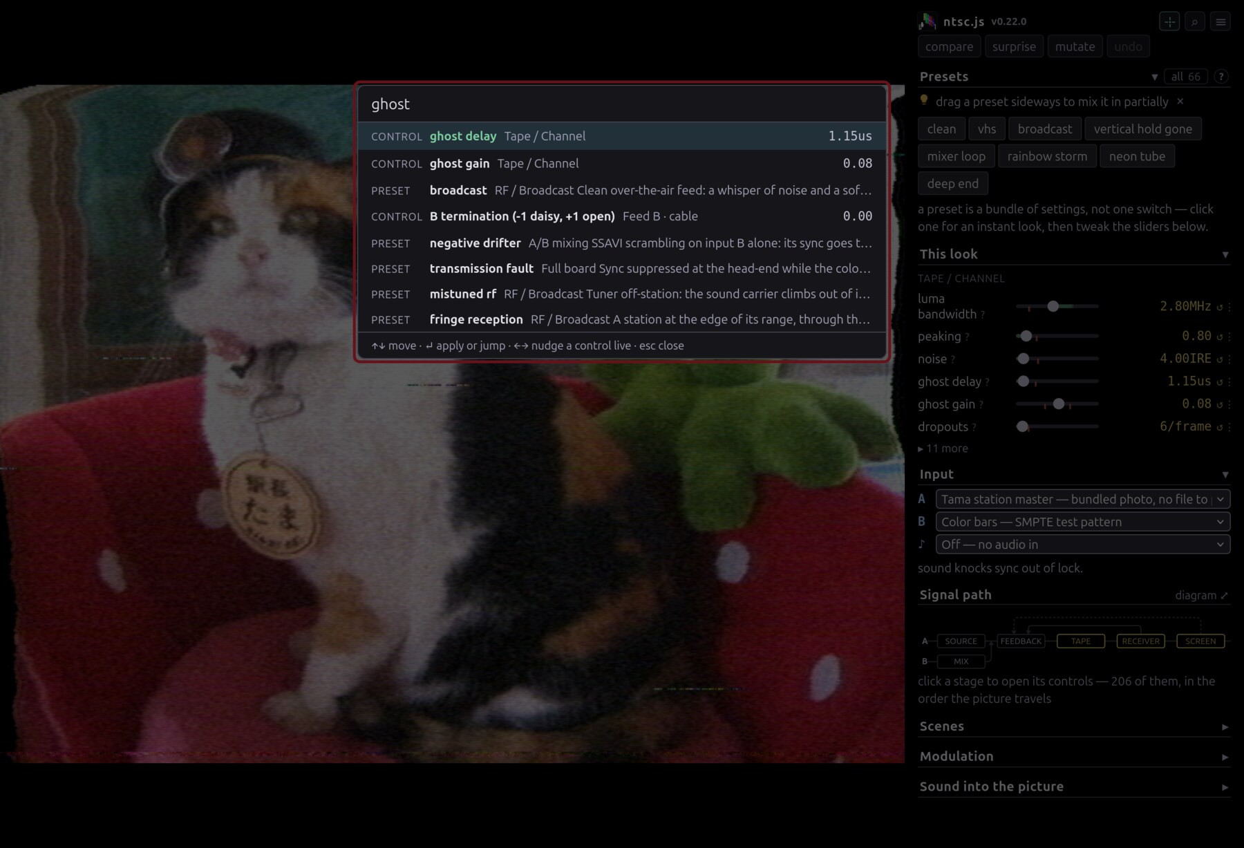 The app window with the command palette open on "ghost", boxed in red